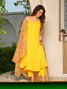 Indi Inside - Yellow Solid Anarkali Kurta with Pant and Dupatta
