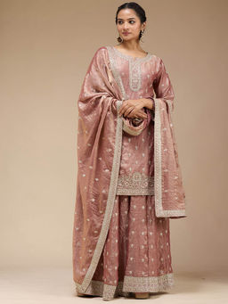 Koskii - Pink Embroidered Kurta with Palazzo and Dupatta