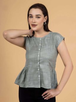 Saffron Threads - Green Solid Regular Fit Top