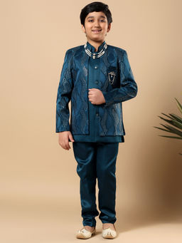 BT DEZINES - Teal Embroidered Sherwani and Trouser with Jacket and Necklace