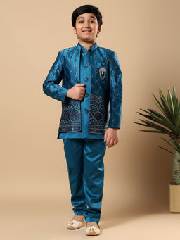 BT DEZINES - Teal Blue Embroidered Sequined Sherwani and Trouser with Jacket
