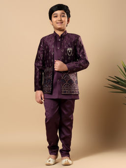 BT DEZINES - Wine Embroidered Panel Work Sequined Sherwani and Trouser with Jacket