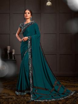 Odette - Teal Blue Silk Georgette Designer Saree with Unstitched Blouse