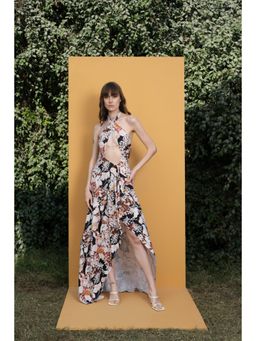 MANDIRA WIRK - Black Rose Printed Spandex Dress With Ball Chain Detail