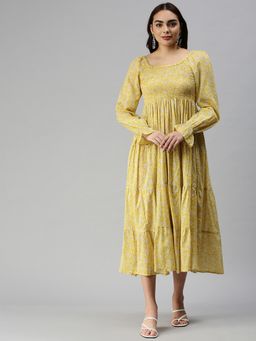 SHOWOFF - Women Yellow Floral Round Neck Fit and Flare Dress