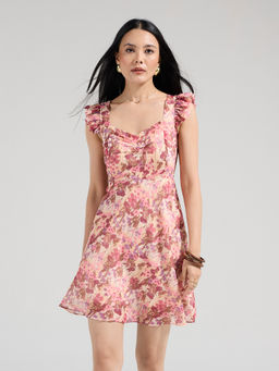 Twenty Dresses by Nykaa Fashion - Pink Printed Ruffled Sleeves Mini Dress