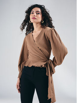 Twenty Dresses by Nykaa Fashion - Beige V Neck Tie Up Wrap Top