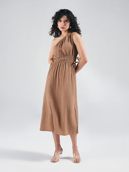 Twenty Dresses by Nykaa Fashion - Beige One Shoulder Elasticated Waist Midi Dress
