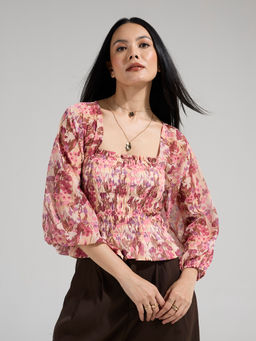 Twenty Dresses by Nykaa Fashion - Pink Printed Smocked Full Sleeves Top