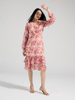 Twenty Dresses by Nykaa Fashion - Pink Printed V Neck Layered Knee Length Dress