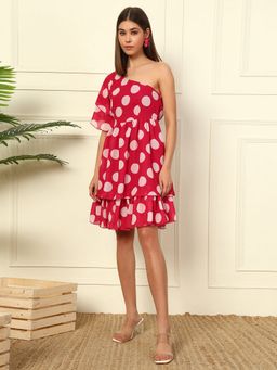 Deebaco - Pink One Shoulder Tiered Layered Women Knee Length Dress