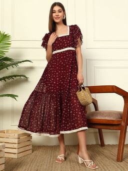 Deebaco - Wine Floral Printed Tiered Maxi Length Women Dress