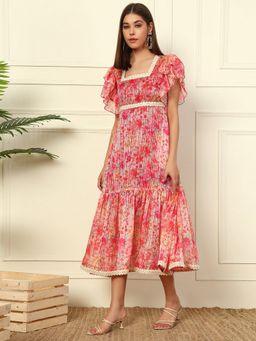 Deebaco - Pink Floral Printed Tiered Maxi Length Women Dress