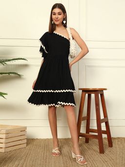 Deebaco - Black One Shoulder Tiered Layered Women Knee Length Dress