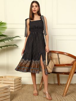 Deebaco - Black Striped Tiered Calf Length Women Midi Dress