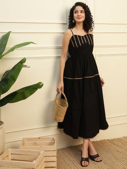 Deebaco - Black Corset Style Cotton Midi Women Dress