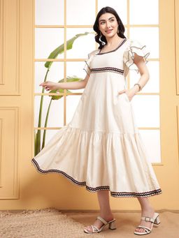 Deebaco - Off White Cotton Square Neck Gathered Women Midi Dress