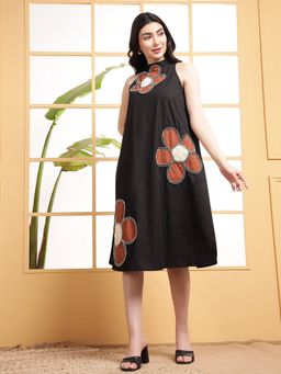 Deebaco - Cotton Black Halter Neck Patch Embroidered Women Knee Length Dress