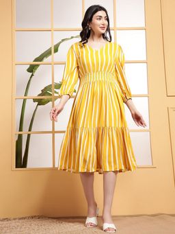 Deebaco - Yellow Striped Tiered Women Midi Dress