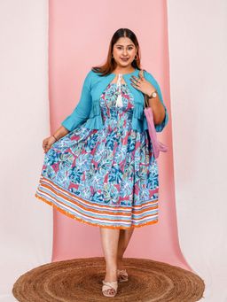 Deebaco - Women Plus Size Floral Printed Rayon Midi Dress with Shrug