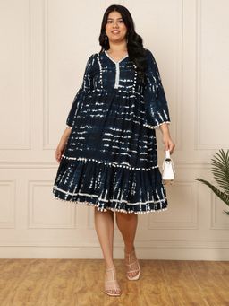 Deebaco - Women Plus Size Navy Blue White Tie and Dye Knee Length Dress