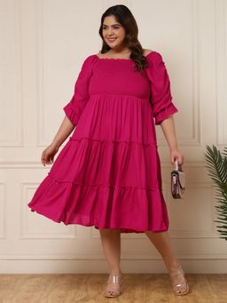 Deebaco - Women Plus Size Solid Tiered with Gathered Sleeves Midi Dress