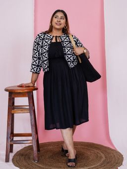 Deebaco - Women Plus Size Geometric Print Midi Dress with Shrug
