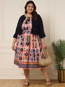 Deebaco - Women Plus Size Peach Floral Smocked Flared Knee Length Dress with Shrug