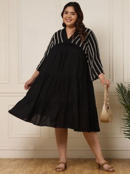 Deebaco - Women Plus Size Black Tiered Viscose Rayon Knee Length Dress