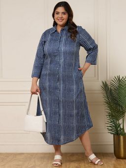 Deebaco - Blue Striped Viscose Rayon Women Plus Size Shirt Midi Dress