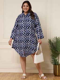 Deebaco - Women Plus Size Blue Zig-Zag Viscose Rayon Shirt Knee Length Dress
