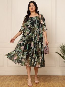 Deebaco - Women Plus Size Black Multicolour Printed Midi Dress