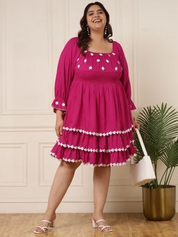 Deebaco - Women Plus Size Magenta Embroidered Floral Knee Length Dress