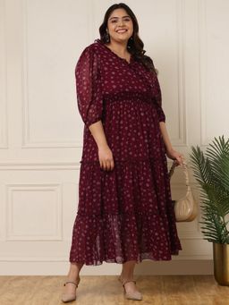 Deebaco - Women Plus Size Wine Dobby Georgette Tiered Maxi Dress