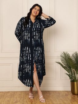 Deebaco - Women Plus Size Navy Blue Tie and Dye Shirt Midi Dress