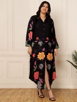 Deebaco - Women Plus Size Black Floral Printed Shirt Midi Dress