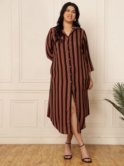 Deebaco - Women Plus Size Rust Striped Printed Shirt Midi Dress