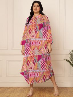 Deebaco - Women Plus Size Geometrical Printed Women Shirt Midi Dress