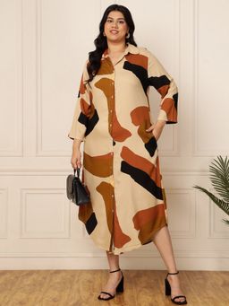 Deebaco - Women Plus Size Multicolour Abstract Printed Shirt Midi Dress