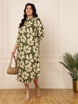 Deebaco - Women Plus Size Olive Green Floral Printed Shirt Midi Dress