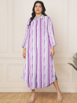 Deebaco - Women Plus Size Purple Striped Linen Women Shirt Midi Dress