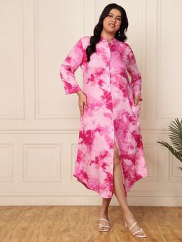 Deebaco - Women Plus Size Pink Tie and Dye Shirt Midi Dress