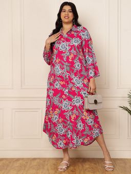 Deebaco - Women Plus Size Magenta Floral Shirt Midi Dress