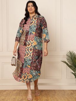 Deebaco - Women Plus Size Multi-Colour Patch Printed Shirt Midi Dress