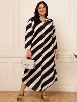 Deebaco - Women Plus size black striped printed shirt Midi Dress