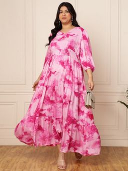 Deebaco - Women Plus Size Pink Tie and Dye Printed Tiered Maxi Dress