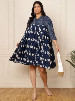 Deebaco - Women Plus Size Blue Striped with Floral Printed Knee Length Dress