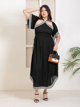 Deebaco - Women Plus Size Black A Line Slit Midi Dress