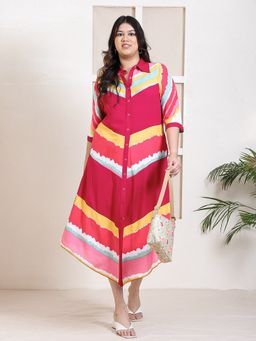 Deebaco - Women Plus Size Multi Color With Multi Striped Shirt Midi Dress