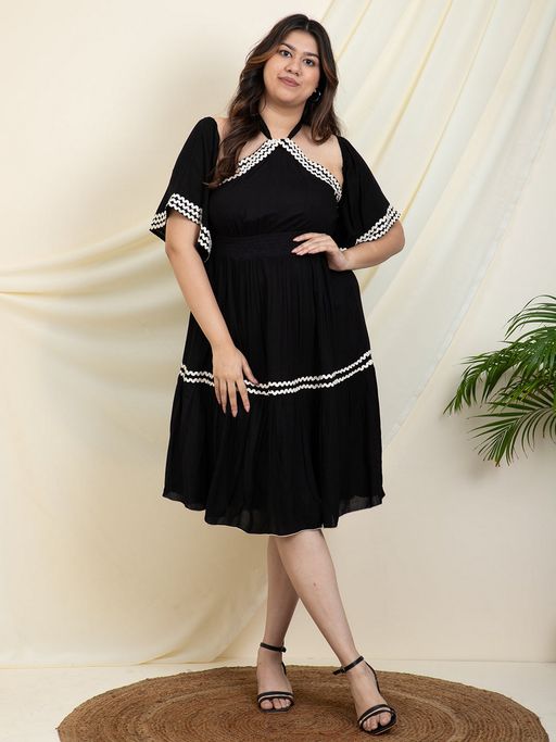 black halter neck dress knee length Halter Linen Dress PALAU in Black